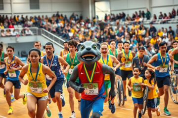 Atletas e técnicos do Programa Geração Olímpica e Paralímpica, destacando o mascote Katu e medalhistas.