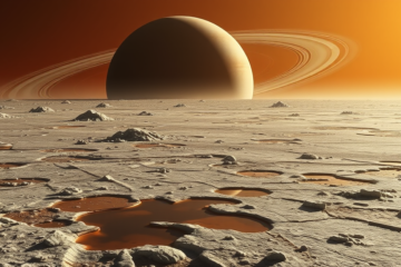 Imagem de Titã, a lua de Saturno, mostrando a superfície de gelo granizado e bolsões de água líquida.