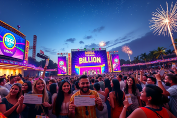 Celebrações da Mega da Virada 2023 com prêmio recorde de R$ 1 bilhão e histórias de doações de ganhadores como Madonna e George Clooney.