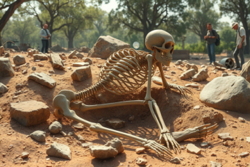 Esqueleto parcial de Homo habilis encontrado no Quênia, revelando características corporais primitivas e avançadas.