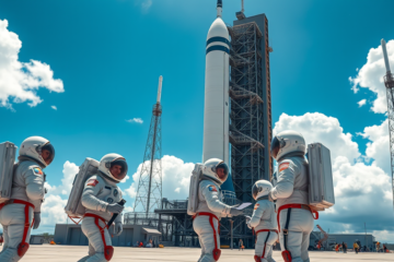 Astronautas da missão Artemis II se preparando para o retorno à órbita lunar, destacando o foguete SLS em lançamento.