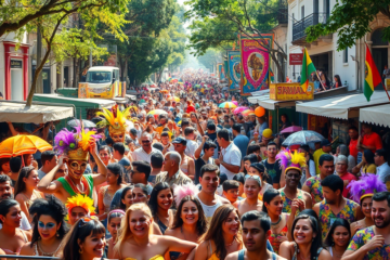 Foliões no Carnaval, destacando a movimentação econômica e geração de empregos.
