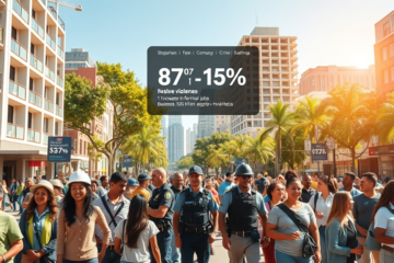 Imagem ilustrativa mostrando avanços em segurança pública e seus impactos positivos na economia, com foco na redução da violência e aumento de empregos formais.