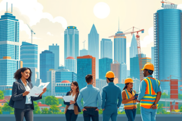 Uma ilustração representando o panorama econômico da América Latina e Caribe com dados sobre crescimento e desafios enfrentados.