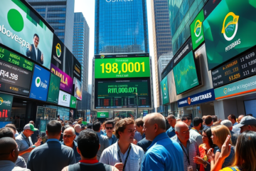 Gráfico do Ibovespa mostrando a alta acima de 198 mil pontos e seus impulsos econômicos.