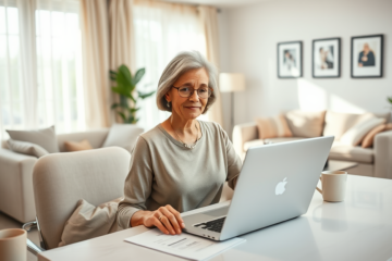 Mulher brasileira usando laptop em escritório moderno aguardando próximos passos após inscrição no Programa Lar Doce Lar