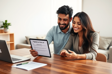 Casal jovem brasileiro em ambiente moderno acessando etapas e próximos passos da inscrição no Programa Lar Doce Lar em tablet digital