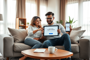 Casal sentado em sofá confortável usando tablet para enviar avaliação do Programa Lar Doce Lar em ambiente doméstico iluminado naturalmente