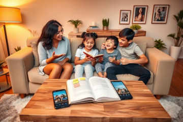 Família em sala acolhedora contando história para Lar Doce Lar com ambiente moderno e iluminação quente