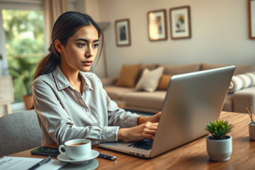 Mulher concentrada preenchendo inscrição online para Lar Doce Lar em escritório acolhedor, ambiente iluminado e organizado