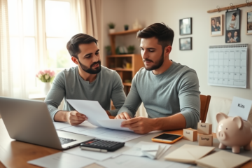 Casal discutindo planejamento financeiro equilibrado.