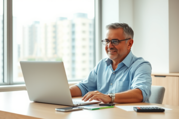 Homem brasileiro revisando extrato atualizado do FGTS no laptop em escritório moderno com luz natural e documentos financeiros