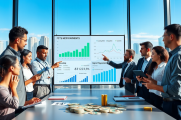 Profissionais discutindo impactos dos novos pagamentos do FGTS na economia do Brasil em ambiente financeiro moderno e iluminado