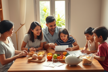 Família brasileira em casa revisando finanças na mesa, mostrando impacto do pagamento do FGTS no consumo e renda familiar
