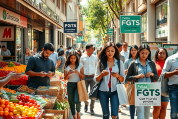 Cenário urbano com pessoas consumindo após saque do FGTS, mostrando impacto no mercado e movimentação econômica