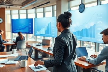 Profissionais analisando dados econômicos sobre pagamentos do FGTS em escritório moderno com gráficos digitais e cidade ao fundo