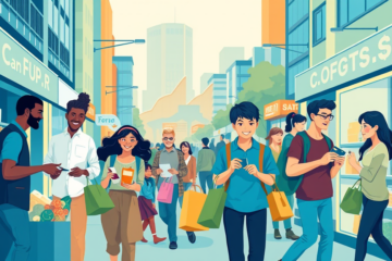 Cena de mercado urbano vibrante destacando o impacto do FGTS na economia com pessoas consumindo e negócios ativos