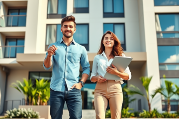 Casal jovem em frente a apartamento moderno em ambiente urbano representando FGTS para compra de imóvel com mudanças de 2024