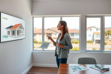 Casal jovem em escritório moderno analisando modelo 3D de casa e gráficos do FGTS para comprar casa em 2026