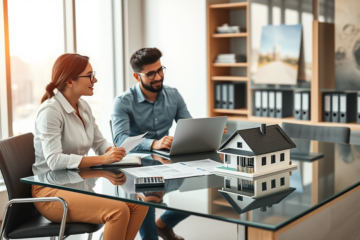 Casal brasileiro em escritório moderno discutindo financiamento imobiliário usando saque FGTS para imóvel com consultor financeiro