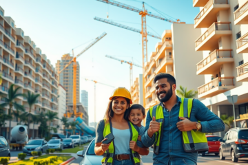 Família brasileira feliz recebendo as chaves de sua nova casa, com construção ativa e ambiente urbano mostrando impacto do FGTS na moradia e economia